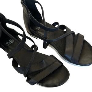 Eileen Fisher Womens Sandals Ankle Strap Leather Block Heel Size 6 Black
